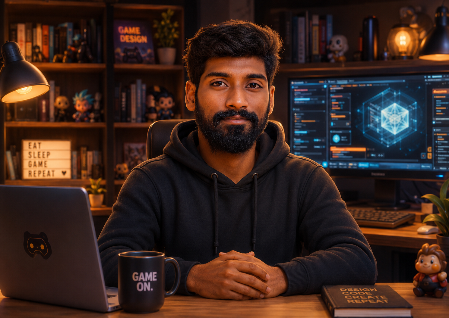 Ramyanth Kishore seated in a game design workspace